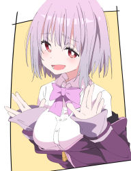 Rule 34 | 1girl, blush, bow, bowtie, breasts, gridman universe, hands up, ixy, large breasts, long sleeves, looking at viewer, open mouth, pink bow, pink bowtie, pink hair, red eyes, shinjou akane, shirt, short hair, simple background, smile, solo, ssss.gridman, two-tone background, white background, white shirt, yellow background