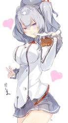 Rule 34 | 10s, 1girl, bad anatomy, bad hands, biting, blue eyes, breasts, character name, gloves, hat, heart, highres, kantai collection, kashima (kancolle), large breasts, looking at viewer, meth (emethmeth), miniskirt, panties, pleated skirt, poorly drawn, silver hair, simple background, single glove, skirt, smile, solo, twintails, underwear, v, white background, white gloves, white panties