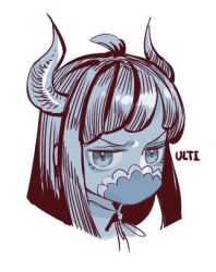 Rule 34 | 1girl, ahoge, character name, covered mouth, curled horns, dinosaur girl, greyscale, horns, jewelry, long hair, looking at viewer, lowres, mask, monochrome, mouth mask, necklace, one piece, raine (acke2445), solo, ulti (one piece)