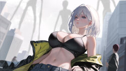 Rule 34 | 1boy, 1girl, absurdres, black jacket, breasts, dutch angle, fish toucher, from below, highres, jacket, large breasts, long sleeves, medium hair, midriff, navel, open clothes, open jacket, original, upper body, white eyes, white hair