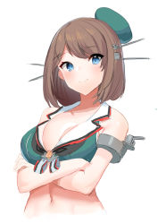 Rule 34 | 1girl, akagi kurage, beret, blue eyes, breasts, brown hair, cleavage, commentary request, crossed arms, hair ornament, hairclip, hat, headgear, highres, kantai collection, large breasts, looking at viewer, maya (kancolle), maya kai ni (kancolle), midriff, navel, one-hour drawing challenge, short hair, simple background, sleeveless, smile, solo, upper body, white background, x hair ornament