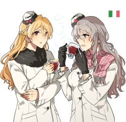 Rule 34 | 10s, 2girls, alternate costume, asakawa (outeq), bad anatomy, black gloves, blonde hair, blush, bow, braid, breasts, brown eyes, coat, cup, french braid, gloves, grey hair, hair between eyes, hat, italy, kantai collection, long hair, long sleeves, looking at another, mini hat, multiple girls, pola (kancolle), red bow, scarf, sideways mouth, simple background, smile, steam, upper body, wavy hair, white background, zara (kancolle)