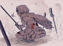 Rule 34 | 10s, 1girl, bare shoulders, bleeding, blood, cape, gloves, injury, kneeling, magical girl, mahou shoujo madoka magica, mahou shoujo madoka magica (anime), mikami komata, miki sayaka, monochrome, open mouth, short hair, skirt, solo, spoilers, sword, thighhighs, torn clothes, weapon