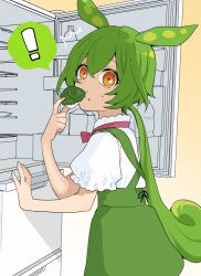 Rule 34 | !, 1girl, ^^^, caught, commentary request, cowboy shot, eating, food, food on face, from side, gradient background, green hair, hand up, highres, holding, holding food, long hair, looking to the side, low ponytail, neck ribbon, pink ribbon, puffy short sleeves, puffy sleeves, refrigerator, ribbon, shiino (shi no q), shirt, shirt tucked in, short sleeves, sneaking food, solo, spoken exclamation mark, suspenders, voicevox, white shirt, yellow background, zunda mochi, zundamon