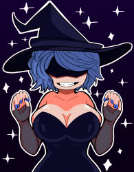 Rule 34 | 1girl, absurdres, blue hair, blue nails, breasts, cleavage, cordelia (dead estate), dead estate, dress, fingerless gloves, gloves, hat, highres, jester64, large breasts, looking at viewer, nail polish, obscured face, smile, star (symbol), starry background, witch, witch hat
