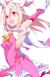 Rule 34 | 1girl, absurdres, arm up, armpits, ascot, fate/kaleid liner prisma illya, fate (series), feather hair ornament, gloves, hair ornament, highres, hiiragi ken, illyasviel von einzbern, long hair, looking at viewer, magical girl, open mouth, pink eyes, prisma illya, simple background, solo, two side up, white background, white gloves, white hair, yellow ascot