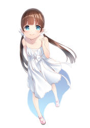 Rule 34 | 1girl, blue eyes, brown hair, rabbit hair ornament, dress, hair ornament, long hair, low twintails, mary janes, no socks, original, shoes, solo, sundress, twintails, unowen