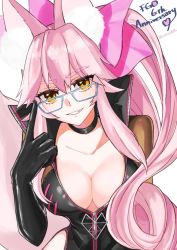 Rule 34 | 1girl, animal ear fluff, animal ears, black bodysuit, blush, bodysuit, bow, breasts, center opening, choker, cleavage, commentary request, elbow gloves, fate/grand order, fate (series), fox ears, fox girl, fox tail, glasses, gloves, grin, hair between eyes, hair bow, hip vent, koyanskaya (assassin) (first ascension) (fate), koyanskaya (fate), large breasts, long hair, looking at viewer, pink bow, pink hair, ponytail, revision, sidelocks, smile, solo, tail, tamamo (fate), yellow eyes, yukaueno