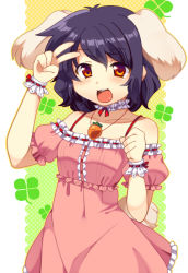 Rule 34 | 1girl, adapted costume, alternate costume, animal ears, bad id, bad pixiv id, bare shoulders, blush, brown eyes, carrot, carrot necklace, choker, clover, dress, female focus, four-leaf clover, inaba tewi, jewelry, matatabi maru, necklace, open mouth, orange eyes, pendant, pink dress, pink skirt, purple hair, rabbit ears, rabbit girl, rabbit tail, ribbon, ribbon choker, short hair, skirt, smile, solo, tail, touhou, v, wrist cuffs, wrist ribbon