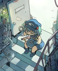 Rule 34 | 1girl, bad id, bad twitter id, blue eyes, blue hair, blue hat, door, dutch angle, from above, game console, gamecube, goggles, hair bobbles, hair ornament, hat, highres, industrial pipe, interior, kawashiro nitori, key, moyazou (kitaguni moyashi seizoujo), repairing, sitting, sleeveless, solo, stairs, touhou, two side up, unworn goggles, wrench