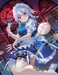 Rule 34 | 1girl, absurdres, apron, between fingers, black background, blush, boots, breasts, chain, collared shirt, danmaku, dress, frilled dress, frills, gloves, gold chain, green ribbon, hair between eyes, hair ribbon, highres, holding, holding knife, holster, izayoi sakuya, knife, knife sheath, knife sheath, knives between fingers, looking at viewer, looking down, looking to the side, maid, maid apron, maid headdress, medium breasts, moon, pocket watch, puffy short sleeves, puffy sleeves, red eyes, red moon, ribbon, roman numeral, shards, sheath, shirt, short hair, short sleeves, silver hair, simple background, solo, thigh holster, touhou, tress ribbon, twintails, watch, window, wrist cuffs, yuujin (yuzinn333)