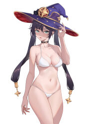 Rule 34 | 1girl, absurdres, bare arms, bare shoulders, bikini, black choker, black hair, blue eyes, breasts, choker, commentary, cowboy shot, genshin impact, hair between eyes, hat, helenu, highres, large breasts, long hair, looking at viewer, mona (genshin impact), navel, open mouth, purple hair, simple background, solo, standing, stomach, swimsuit, thighs, twintails, very long hair, white background, white bikini, witch hat