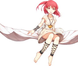 Rule 34 | 1girl, ankle lace-up, barefoot, bracelet, chain, cross-laced footwear, dress, feet, full body, highres, hua-j, jewelry, magi the labyrinth of magic, morgiana, plantar flexion, red eyes, red hair, simple background, smile, solo, toes, white dress