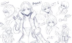 Rule 34 | !, 1girl, ^ ^, animification, apex legends, bodysuit, closed eyes, finger to mouth, french text, greyscale, head tilt, highres, holding, holding stuffed toy, hood, hooded jacket, jacket, lightning bolt symbol, monochrome, multiple views, open hand, own hands together, ribbed sweater, satou kouri, shushing, sketch, speech bubble, stuffed toy, sweater, translation request, wattson (apex legends), waving, white background