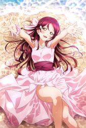 Rule 34 | 1girl, beach, birthday, blush, breasts, collarbone, commentary, dress, earrings, hair ornament, hair ribbon, half updo, happy birthday, highres, jewelry, kougi hiroshi, long hair, looking at viewer, love live!, love live! sunshine!!, lying, necklace, on back, pink dress, pink scrunchie, red hair, ribbon, sakurauchi riko, scrunchie, small breasts, solo, wet, wet clothes, wrist scrunchie, yellow eyes