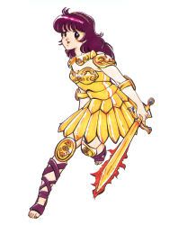 Rule 34 | 1980s (style), 1girl, armor, armored dress, asamiya athena, athena (series), flaming sword, flaming weapon, gladiator sandals, hairband, long hair, official art, retro artstyle, princess athena, psycho soldier, purple eyes, purple hair, retro artstyle, sandals, snk, sword, weapon