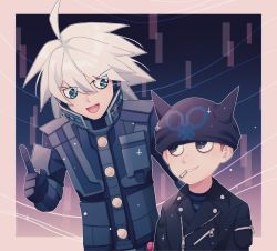 Rule 34 | 2boys, :d, ahoge, armor, black eyes, black headwear, black jacket, cheer (cheerpuppy14), cigarette, danganronpa (series), danganronpa v3: killing harmony, fake horns, foreshortening, grey eyes, grin, headphones, height difference, horns, hoshi ryoma, index finger raised, jacket, k1-b0, looking at another, male focus, multicolored background, multiple boys, open mouth, power armor, shirt, smile, striped clothes, striped shirt, teeth