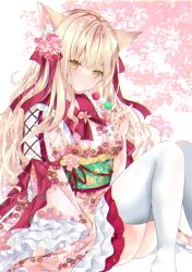 Rule 34 | 1girl, animal ear fluff, animal ears, blonde hair, breasts, brown eyes, cat ears, closed mouth, commentary request, dango, floral print, flower, food, hair between eyes, hair flower, hair ornament, hand up, highres, holding, holding food, japanese clothes, kimono, knees up, long hair, long sleeves, looking at viewer, medium breasts, nail polish, nanase kureha, nanase nao, no shoes, obi, original, pink flower, pink kimono, print kimono, red nails, sanshoku dango, sash, solo, thighhighs, very long hair, wagashi, white thighhighs, wide sleeves