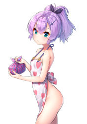 Rule 34 | 1girl, alternate costume, apron, aqua eyes, azur lane, bare arms, bare shoulders, bento, black ribbon, breasts, cleavage, closed mouth, collarbone, colored eyelashes, cowboy shot, hair ornament, hair ribbon, hairclip, heart, heart print, highres, holding, javelin (azur lane), long hair, looking at viewer, naked apron, pensuke, plaid, ponytail, print apron, purple hair, ribbon, simple background, small breasts, smile, solo, standing, tareme, thighs, white background, wrapped bento