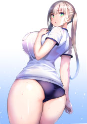 Rule 34 | 1girl, ass, black buruma, blunt bangs, bra visible through clothes, breasts, buruma, commentary request, from behind, gradient background, green eyes, gym uniform, highres, large breasts, light brown hair, looking at viewer, looking back, original, parted lips, shirt, short sleeves, sidelocks, simple background, solo, standing, sweat, thighs, tsukumiya amane, twintails, white shirt