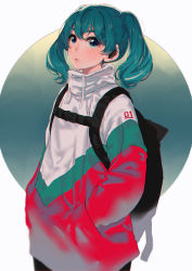 Rule 34 | 1girl, absurdres, alternate costume, alternate hair color, aqua eyes, aqua hair, backpack, bag, blush, character name, clothes writing, coat, commentary, cowboy shot, drawstring, english commentary, hands in pockets, hatsune miku, high collar, highres, kurokin, long hair, long sleeves, looking at viewer, parted lips, short twintails, smile, solo, thick eyebrows, twintails, vocaloid