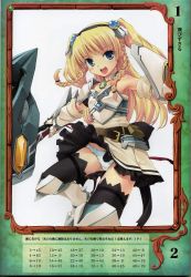 Rule 34 | 10s, 1girl, armor, armored dress, blonde hair, blue eyes, eilin (queen&#039;s blade), gloves, hammer, hiiro yuki, jewelry, long hair, official art, panties, pantyshot, queen&#039;s blade, queen&#039;s blade rebellion, solo, standing, thighhighs, two side up, underwear, upskirt, weapon, white background, white panties, wind, wind lift