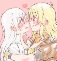 Rule 34 | 2girls, ahoge, asymmetrical docking, bad id, bad pixiv id, blonde hair, blue eyes, blush, breast press, breasts, cleavage, flying sweatdrops, hair down, heart, jacket, long hair, looking at another, multiple girls, open mouth, pink background, purple eyes, rwby, scarf, sideways mouth, simple background, smile, sorimachi-doufu, sweatdrop, weiss schnee, white hair, yang xiao long, yuri