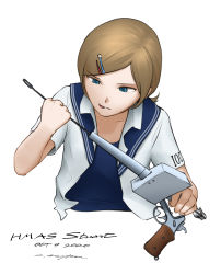 Rule 34 | 1girl, action, blue eyes, break action, brown hair, cleaning, cleaning weapon, clothes writing, commission, dated, gun, hair ornament, hairclip, handgun, highres, hmas stuart (d00/i00), holding, holding gun, holding weapon, military, military uniform, original, revolver, ryan greythorn, sailor collar, short hair, signature, solo, tongue, tongue out, unbuttoned, unbuttoned shirt, uniform, weapon, white background