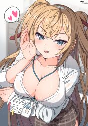 Rule 34 | 1girl, absurdres, arm under breasts, azur lane, between breasts, blonde hair, blue eyes, blush, breasts, brown skirt, checkered clothes, checkered skirt, cleavage, collarbone, crossed bangs, dated, gorizia (azur lane), gorizia (unrequited office love?) (azur lane), hair ribbon, heart, highres, large breasts, long hair, looking at viewer, office lady, official alternate costume, open clothes, open mouth, open shirt, pencil skirt, red ribbon, ribbon, shirt, signature, skirt, smile, solo, speech bubble, sunebu (snake boo2), two side up, white shirt