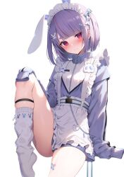 Rule 34 | 1girl, animal ears, ankle strap, apron, bandaid, bandaid on leg, bandaid on thigh, blunt bangs, blush, bob cut, cattleya regina games, dress, embarrassed, hair ornament, hairclip, high collar, highres, invisible chair, jersey maid, knee up, looking at viewer, loose socks, maid, multicolored hair, no pants, no shoes, purple hair, rabbit ears, short hair, sitting, skindentation, sleeves past fingers, sleeves past wrists, socks, solo, streaked hair, sweater, sweater dress, thick eyebrows, tosaki mimi, tosaki mimi (4th costume), unconventional maid, virtual youtuber, vspo!, waist apron, white apron, white socks, yotsugi