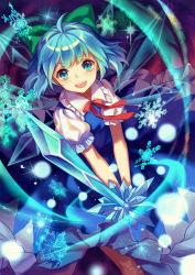 Rule 34 | 1girl, :d, ahoge, blue dress, blue eyes, blue hair, blue theme, cirno, cryokinesis, crystal sword, dress, dutch angle, fairy, happy, holding, holding sword, holding weapon, ice, ice wings, magic, mirror (xilu4), open mouth, puffy short sleeves, puffy sleeves, ribbon, short hair, short sleeves, smile, snowflakes, solo, sparkle, sword, touhou, weapon, wings