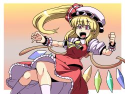 Rule 34 | 1girl, ascot, blonde hair, blush, breasts, clenched hand, collared shirt, colorized, commentary request, crystal, eyes visible through hair, flandre scarlet, frilled skirt, frills, full body, gradient background, hair between eyes, hat, hat ribbon, highres, hospital king, long bangs, long hair, looking afar, mob cap, one side up, open mouth, orange background, pink eyes, puffy short sleeves, puffy sleeves, red ribbon, red skirt, red vest, ribbon, shirt, short sleeves, skirt, skirt set, small breasts, smile, socks, solo, touhou, tukiwani, vest, white hat, white shirt, white socks, wings, wrist cuffs, yellow ascot