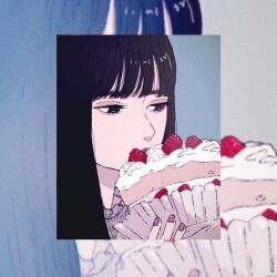 Rule 34 | 1girl, black eyes, black hair, blue background, crepe, dessert, food, fruit, grey nails, long hair, ohno rina, original, portrait, shadow, solo, strawberry
