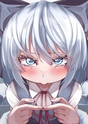 Rule 34 | 1girl, blue bow, blue eyes, blue hair, blush, bow, cirno, collarbone, finger touching, hair bow, highres, looking at viewer, mahoro (minase mahoro), short hair, simple background, solo, tearing up, touhou, upper body, white background