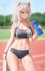 Rule 34 | 1girl, animal ears, bare arms, bare shoulders, black sports bra, blurry, blurry background, blush, bottle, breasts, buruma, cleavage, closed mouth, collarbone, cowboy shot, crop top, grey eyes, grey hair, highres, holding, holding bottle, holding towel, hololive, large breasts, long hair, looking to the side, navel, outdoors, ponytail, shishiro botan, smile, solo, sports bra, sportswear, stomach, sweat, thighs, towel, virtual youtuber, water bottle, wei xiao, wet