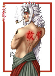 Rule 34 | 1boy, back, back focus, back tattoo, blood, blood on face, cowboy shot, cuts, from behind, headband, injury, jiraiya (naruto), kelli davis, kiseru, long hair, male focus, mouth hold, muscular, naruto, naruto (series), outside border, pipe in mouth, shoulder tattoo, smoke, smoking pipe, solo, spiked hair, standing, tattoo, topless male, translation request, v-shaped eyebrows, very long hair, white hair