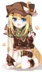 Rule 34 | 1girl, :d, all fours, animal ears, animal hat, barefoot, blonde hair, blue eyes, blush, bridal gauntlets, brown hat, cabbie hat, fake animal ears, fang, full body, green shirt, hair ornament, hat, long hair, looking at viewer, open mouth, original, overall skirt, shadow, shirt, short sleeves, smile, solo, tail, very long hair, white background, x hair ornament, yuuhagi (amaretto-no-natsu)