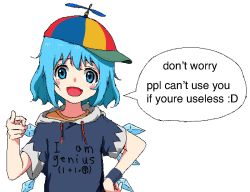 Rule 34 | 1girl, :d, adapted costume, aiu404l, blue eyes, blue hair, blue hoodie, circled 9, cirno, drawstring, english text, fang, flat chest, hood, hoodie, ice, ice wings, looking at viewer, meme, open mouth, pixel art, pointing, pointing at viewer, propeller hat, short hair, smile, touhou, truth, upper body, wings, wristband