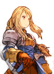 Rule 34 | 1girl, agrias oaks, armor, bad id, bad pixiv id, blonde hair, brown gloves, corset, faux traditional media, final fantasy, final fantasy tactics, floating hair, gloves, long hair, looking afar, no nose, official style, orange eyes, sidelocks, simple background, solo, sword, taroji, weapon, white background