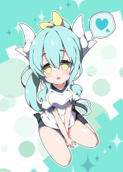 Rule 34 | 1girl, :d, aqua hair, between legs, black socks, blue buruma, blush, breasts, breasts squeezed together, buruma, commentary request, dragon horns, fate/grand order, fate (series), full body, gym shirt, gym uniform, hair between eyes, hair ribbon, hand between legs, heart, horns, kiyohime (fate), long hair, looking at viewer, medium breasts, milkpanda, name tag, open mouth, puffy short sleeves, puffy sleeves, ribbon, seiza, shirt, short sleeves, sitting, smile, socks, solo, sparkle, spoken heart, very long hair, white shirt, yellow eyes, yellow ribbon