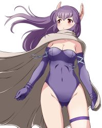 Rule 34 | cape, covered navel, elbow, gloves, gluteal fold, highres, leotard, nei, phantasy star, phantasy star ii, pointy ears, purple leotard, red pupils, standing, thigh strap, white background