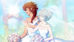 2girls bare_arms bare_shoulders bouquet braid breasts bridal_veil cleavage closed_eyes commentary_request dark-skinned_female dark_skin day dress earrings female_focus flower gksrnrdmlaksu gundam gundam_suisei_no_majo highres holding holding_bouquet holding_hands interlocked_fingers jewelry korean_commentary long_hair medium_breasts miorine_rembran multiple_girls off-shoulder_dress off_shoulder open_mouth outdoors red_hair short_hair single_braid small_breasts smile sparkle suletta_mercury veil wedding wedding_dress wife_and_wife yuri