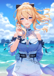 Rule 34 | 1girl, arm behind back, bare shoulders, belt, black belt, black bow, blonde hair, blue eyes, blue flower, blue rose, blue shirt, blurry, blurry background, blush, bow, breasts, cloud, commentary request, cowboy shot, cross, cross earrings, day, depth of field, detached sleeves, earrings, esukee, floating hair, flower, genshin impact, hair between eyes, hair bow, hand up, high-waist shorts, high ponytail, highres, holding, holding hair, jean (genshin impact), jean (sea breeze dandelion) (genshin impact), jewelry, light particles, long hair, long sleeves, looking at viewer, medium breasts, ocean, official alternate costume, open mouth, outdoors, ponytail, rose, shirt, shirt tucked in, shorts, sidelocks, sleeveless, sleeveless shirt, smile, solo, standing, water, white shorts, wristband