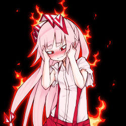Rule 34 | 1girl, @ @, bare arms, blush, bow, closed mouth, collared shirt, commentary, embarrassed, fire, fujiwara no mokou, furrowed brow, hair bow, hands on own cheeks, hands on own face, hands up, jakomurashi, long hair, looking down, nose blush, outline, pants, pink hair, red eyes, red pants, shirt, short sleeves, sidelocks, solo, suspenders, symbol-only commentary, torn clothes, torn sleeves, touhou, upper body, very long hair, wavy mouth, white shirt, wing collar