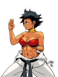 Rule 34 | 1girl, abs, baggy pants, bandaid, bandaid on face, bandaid on nose, belt, bigdumsirk, black hair, bra, breasts, choker, cleavage, clenched hand, clothes around waist, dougi, fighting stance, karate gi, makoto (street fighter), martial arts belt, midriff, navel, pants, red bra, ribbon choker, short hair, simple background, solo, stomach, strapless, strapless bra, street fighter, sweat, underwear, white background