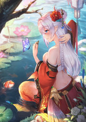 Rule 34 | 1girl, arm up, artist name, bare shoulders, blue eyes, blush, braid, branch, bug, butt crack, butterfly, commentary request, detached sleeves, flower, from behind, hair between eyes, hair bun, hair flower, hair intakes, hair ornament, highres, holding, insect, koi, lantern, leo thasario, lily pad, long hair, long sleeves, mermaid, monster girl, original, parted lips, pointy ears, pond, profile, red flower, red skirt, rose, side braid, silver hair, single hair bun, sitting, skirt, solo, strapless, tassel, tube top, very long hair, water, white flower, white rose, wide sleeves