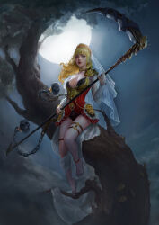 Rule 34 | 1girl, absurdres, barefoot, blonde hair, blue eyes, breasts, bride, cleavage, closed mouth, death (entity), dress, full body, full moon, grim reaper, highres, holding, holding scythe, holding weapon, in tree, lips, long hair, medium breasts, moon, night, night sky, original, outdoors, red dress, scythe, shu sheyu, sitting, sitting in tree, skull, sky, solo, toes, tree, veil, weapon
