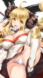 Rule 34 | 10s, 1girl, :d, ahoge, anila (granblue fantasy), arm up, blonde hair, blush, breasts, cameltoe, cleavage, draph, eyebrows, female focus, gloves, granblue fantasy, horns, large breasts, leg lift, long hair, looking at viewer, lying, on back, open mouth, panties, polearm, ribbon-trimmed skirt, ribbon trim, shinozuka atsuto, smile, solo, string panties, thighhighs, underwear, weapon, white gloves, white panties, white thighhighs, yellow eyes
