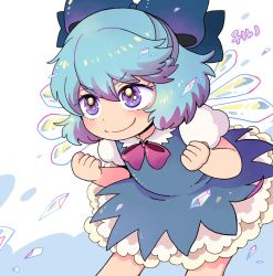 Rule 34 | 1girl, blue bow, blue dress, blue eyes, blue hair, blush, bow, cirno, clenched hands, closed mouth, dress, eyelashes, feet out of frame, hair bow, highres, ice, ice wings, looking to the side, mashuu masaki, neck ribbon, pinafore dress, puffy short sleeves, puffy sleeves, red ribbon, ribbon, shards, short hair, short sleeves, sleeveless dress, smile, solo, standing, touhou, wings