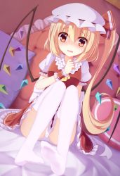 Rule 34 | 1girl, arm at side, ascot, bed, bed sheet, blonde hair, blush, breasts, collarbone, ddt (darktrident), embarrassed, eyebrows, feet, flandre scarlet, frilled shirt collar, frilled skirt, frilled sleeves, frills, hair between eyes, hand up, hat, hat ribbon, heart, heart-shaped pillow, highres, knees up, long hair, mob cap, nail polish, nose blush, on bed, open mouth, panties, pantyshot, pillow, puffy short sleeves, puffy sleeves, red eyes, red nails, ribbon, shirt, short sleeves, side ponytail, sitting, skirt, skirt set, solo, sweatdrop, thighhighs, touhou, underwear, vest, white background, white panties, white thighhighs, wings, wrist cuffs